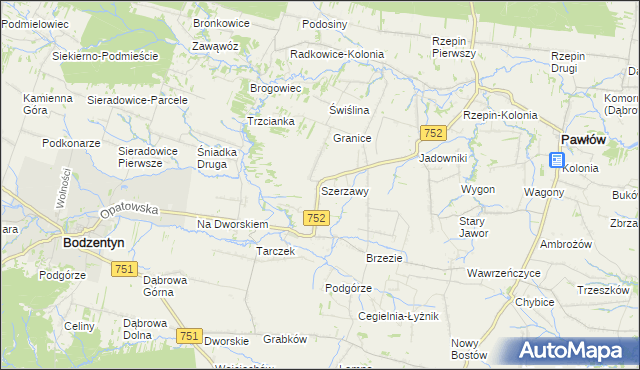 mapa Szerzawy gmina Pawłów, Szerzawy gmina Pawłów na mapie Targeo