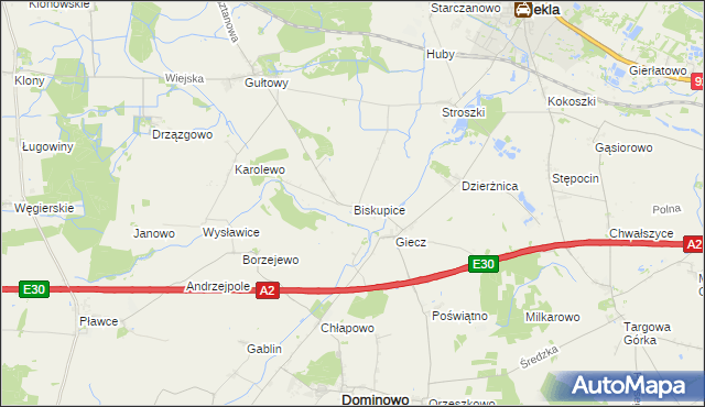 mapa Biskupice gmina Dominowo, Biskupice gmina Dominowo na mapie Targeo