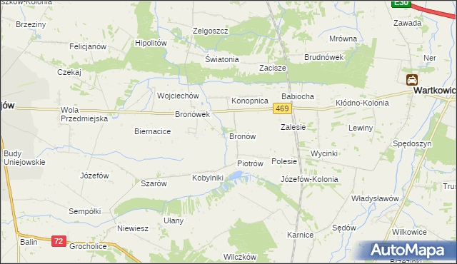 mapa Bronów gmina Wartkowice, Bronów gmina Wartkowice na mapie Targeo