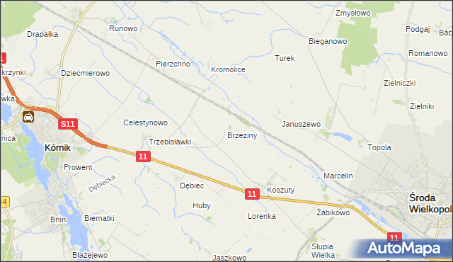 mapa Brzeziny gmina Środa Wielkopolska, Brzeziny gmina Środa Wielkopolska na mapie Targeo