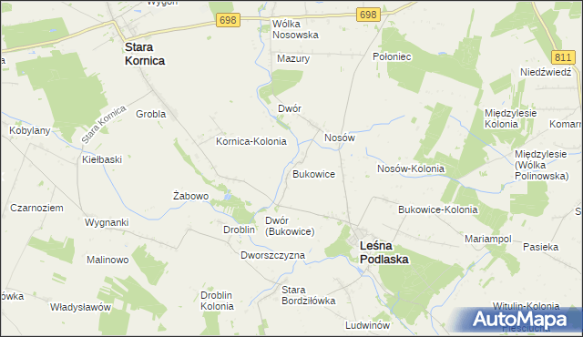 mapa Bukowice gmina Leśna Podlaska, Bukowice gmina Leśna Podlaska na mapie Targeo