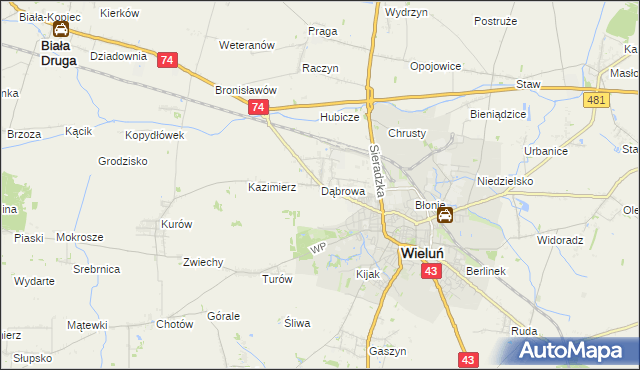 mapa Dąbrowa gmina Wieluń, Dąbrowa gmina Wieluń na mapie Targeo