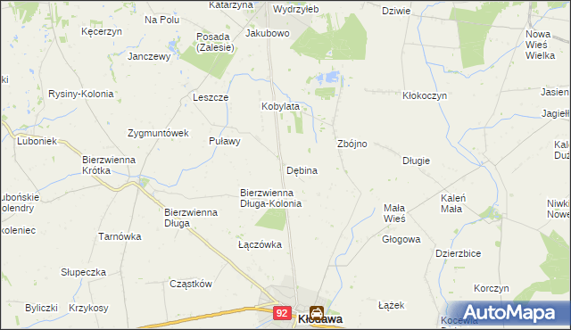 mapa Dębina gmina Kłodawa, Dębina gmina Kłodawa na mapie Targeo