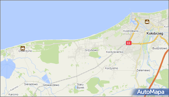 mapa Grzybowo gmina Kołobrzeg, Grzybowo gmina Kołobrzeg na mapie Targeo
