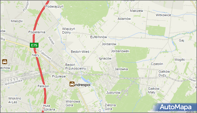 mapa Ignaców gmina Brzeziny, Ignaców gmina Brzeziny na mapie Targeo