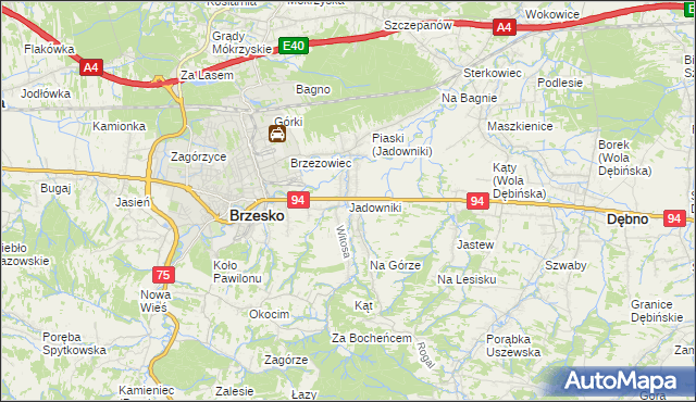 mapa Jadowniki gmina Brzesko, Jadowniki gmina Brzesko na mapie Targeo