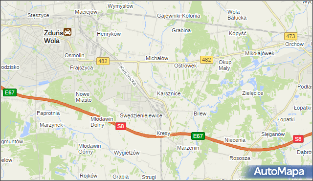 mapa Karsznice gmina Zduńska Wola, Karsznice gmina Zduńska Wola na mapie Targeo