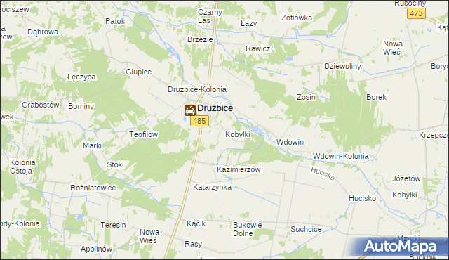 mapa Kobyłki gmina Drużbice, Kobyłki gmina Drużbice na mapie Targeo
