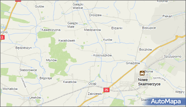mapa Kościuszków gmina Nowe Skalmierzyce, Kościuszków gmina Nowe Skalmierzyce na mapie Targeo