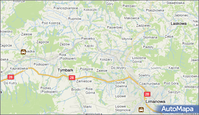 mapa Koszary gmina Limanowa, Koszary gmina Limanowa na mapie Targeo