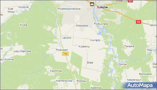 mapa Krzewiny gmina Sulejów, Krzewiny gmina Sulejów na mapie Targeo