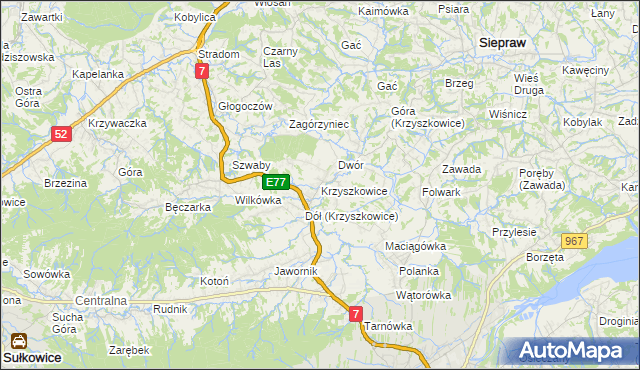 mapa Krzyszkowice gmina Myślenice, Krzyszkowice gmina Myślenice na mapie Targeo