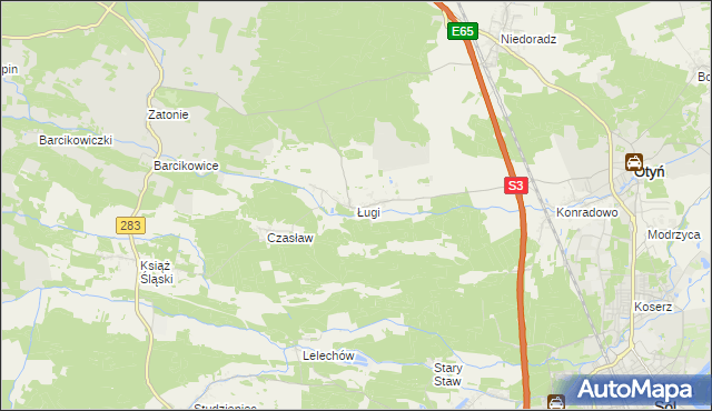 mapa Ługi gmina Otyń, Ługi gmina Otyń na mapie Targeo