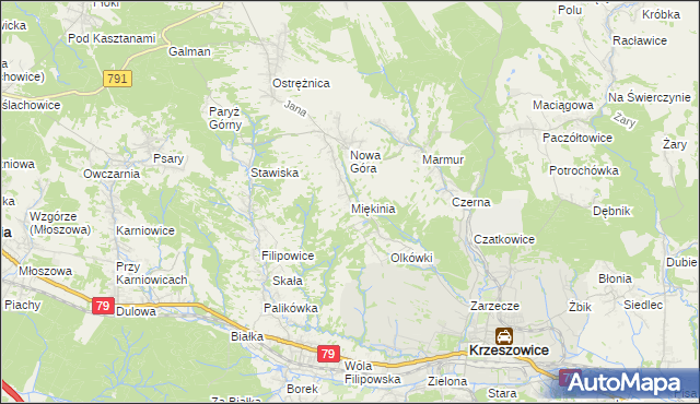 mapa Miękinia gmina Krzeszowice, Miękinia gmina Krzeszowice na mapie Targeo