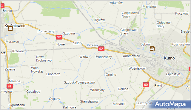 mapa Podczachy gmina Kutno, Podczachy gmina Kutno na mapie Targeo