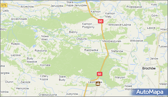 mapa Radziwiłka gmina Młodzieszyn, Radziwiłka gmina Młodzieszyn na mapie Targeo