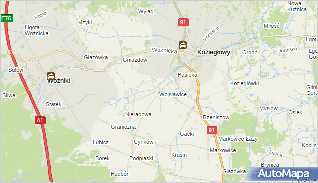 mapa Wojsławice gmina Koziegłowy, Wojsławice gmina Koziegłowy na mapie Targeo