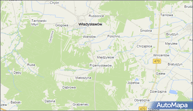 mapa Międzylesie gmina Władysławów, Międzylesie gmina Władysławów na mapie Targeo