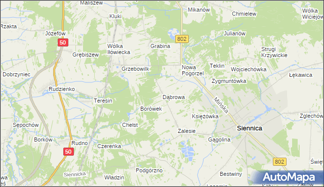 mapa Dąbrowa gmina Siennica, Dąbrowa gmina Siennica na mapie Targeo