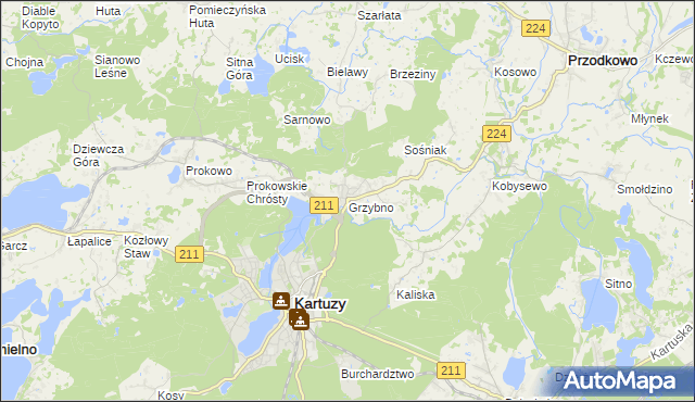 mapa Grzybno gmina Kartuzy, Grzybno gmina Kartuzy na mapie Targeo