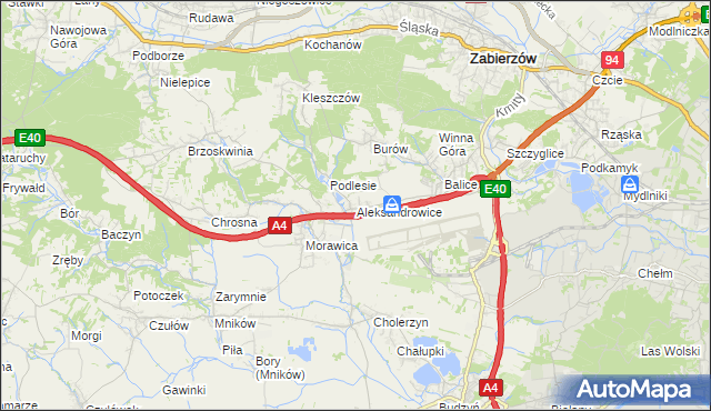 mapa Aleksandrowice gmina Zabierzów, Aleksandrowice gmina Zabierzów na mapie Targeo