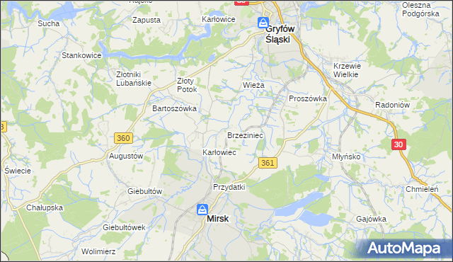 mapa Brzeziniec gmina Mirsk, Brzeziniec gmina Mirsk na mapie Targeo