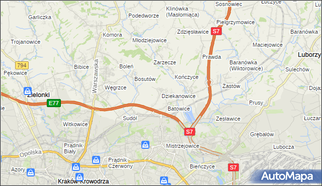mapa Dziekanowice gmina Zielonki, Dziekanowice gmina Zielonki na mapie Targeo