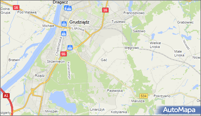 mapa Gać gmina Grudziądz, Gać gmina Grudziądz na mapie Targeo