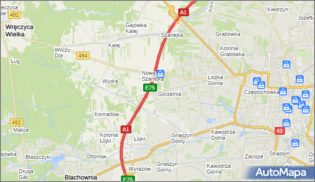 mapa Gorzelnia gmina Blachownia, Gorzelnia gmina Blachownia na mapie Targeo