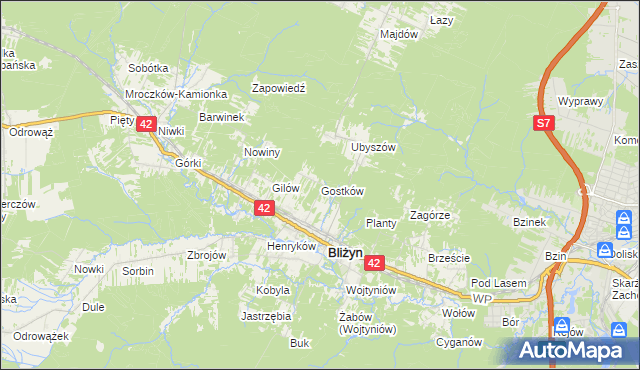 mapa Gostków gmina Bliżyn, Gostków gmina Bliżyn na mapie Targeo