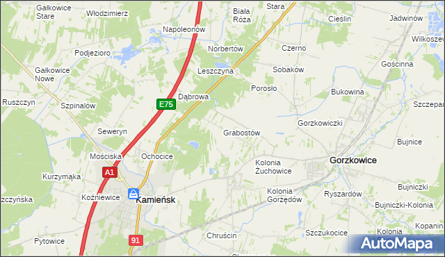 mapa Grabostów gmina Gorzkowice, Grabostów gmina Gorzkowice na mapie Targeo