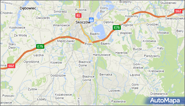mapa Harbutowice gmina Skoczów, Harbutowice gmina Skoczów na mapie Targeo