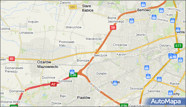 mapa Jawczyce gmina Ożarów Mazowiecki, Jawczyce gmina Ożarów Mazowiecki na mapie Targeo