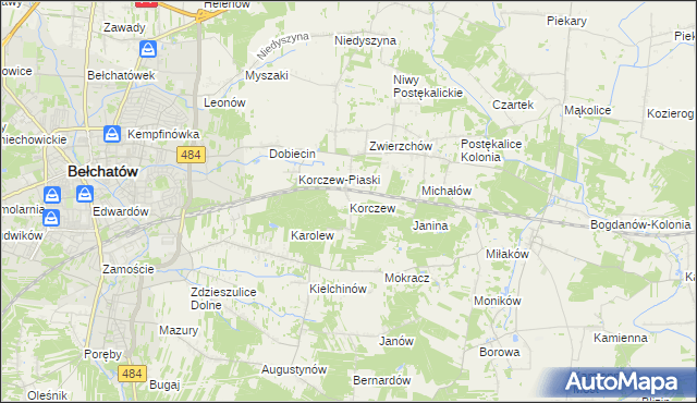 mapa Korczew gmina Bełchatów, Korczew gmina Bełchatów na mapie Targeo