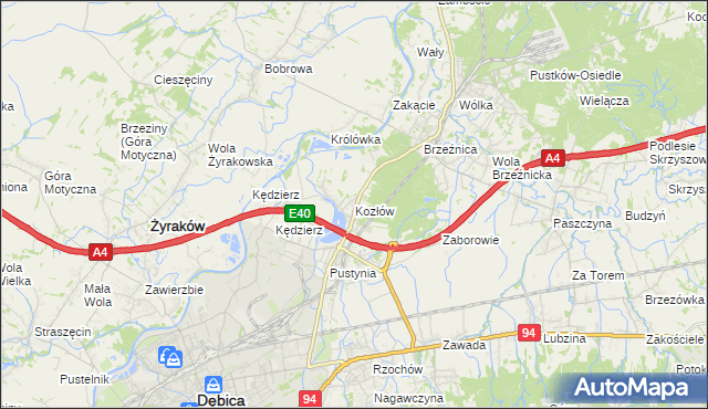 mapa Kozłów gmina Dębica, Kozłów gmina Dębica na mapie Targeo