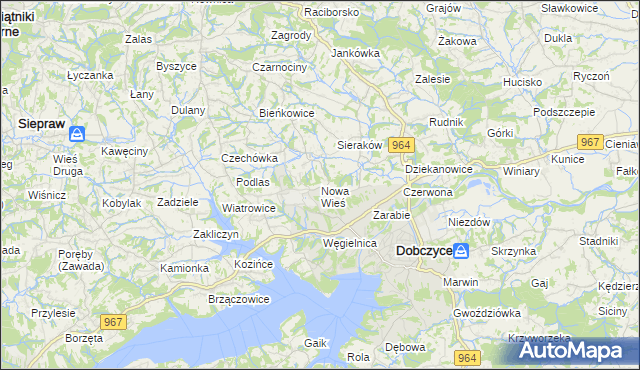 mapa Nowa Wieś gmina Dobczyce, Nowa Wieś gmina Dobczyce na mapie Targeo