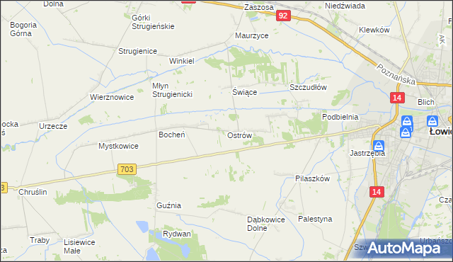 mapa Ostrów gmina Łowicz, Ostrów gmina Łowicz na mapie Targeo
