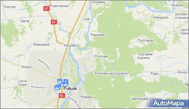 mapa Ponikiew gmina Pułtusk, Ponikiew gmina Pułtusk na mapie Targeo