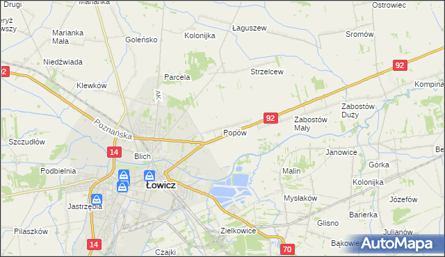 mapa Popów gmina Łowicz, Popów gmina Łowicz na mapie Targeo
