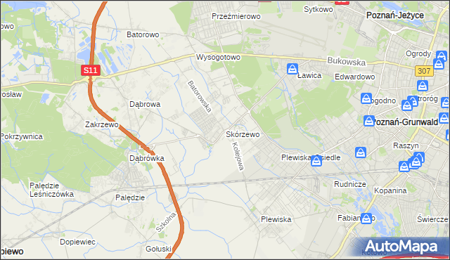 mapa Skórzewo gmina Dopiewo, Skórzewo gmina Dopiewo na mapie Targeo