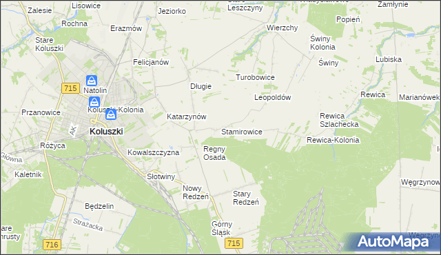 mapa Stamirowice gmina Koluszki, Stamirowice gmina Koluszki na mapie Targeo