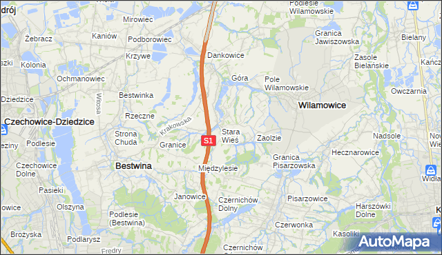 mapa Stara Wieś gmina Wilamowice, Stara Wieś gmina Wilamowice na mapie Targeo