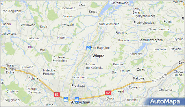 mapa Wieprz powiat wadowicki, Wieprz powiat wadowicki na mapie Targeo
