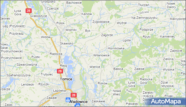 mapa Witanowice gmina Tomice, Witanowice gmina Tomice na mapie Targeo