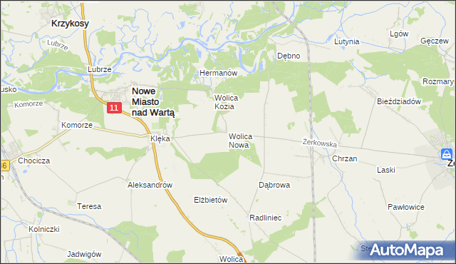 mapa Wolica Nowa gmina Nowe Miasto nad Wartą, Wolica Nowa gmina Nowe Miasto nad Wartą na mapie Targeo