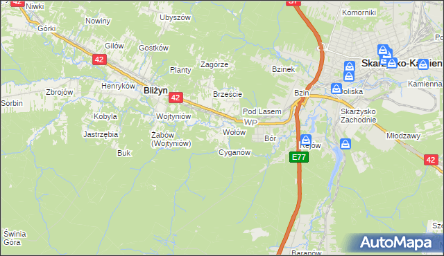 mapa Wołów gmina Bliżyn, Wołów gmina Bliżyn na mapie Targeo