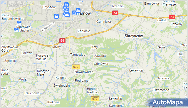 mapa Zawada gmina Tarnów, Zawada gmina Tarnów na mapie Targeo