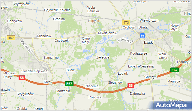 mapa Zielęcice gmina Łask, Zielęcice gmina Łask na mapie Targeo