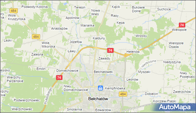 mapa Zawady gmina Bełchatów, Zawady gmina Bełchatów na mapie Targeo