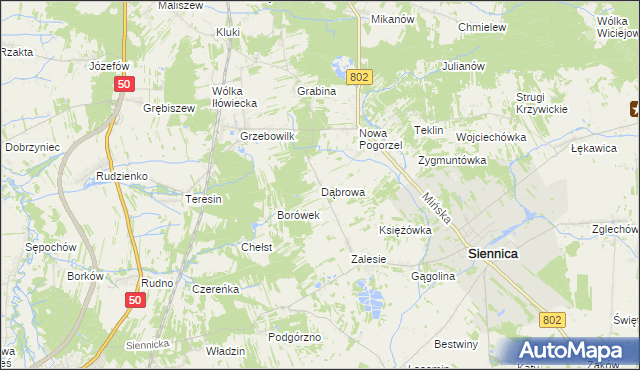 mapa Dąbrowa gmina Siennica, Dąbrowa gmina Siennica na mapie Targeo